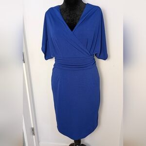 Tam Ware Blue Women Pleated Waist Surplice Neckline Bodycon Midi Dress Sz L New
